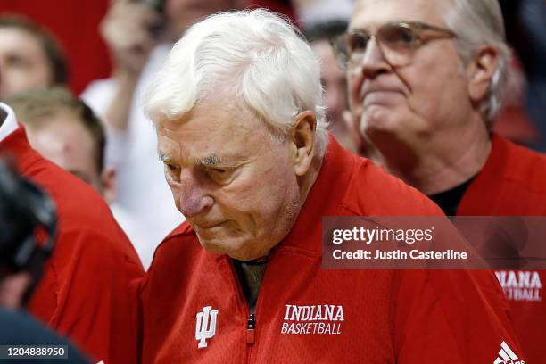 Former Indiana Hoosiers head coach Bob Knight walks onto the court during the halftime of the game against the Purdue Boilermakers at Assembly Hall...