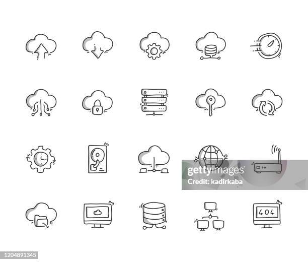 cloud hosting hand draw line icon set - old computer stock illustrations
