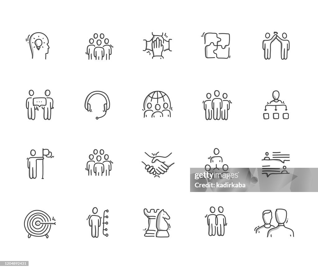 Ensemble d’icônes de ligne de dessin de main de collaboration