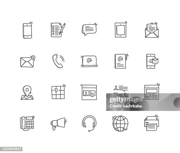 illustrations, cliparts, dessins animés et icônes de contactez us hand draw line icon set - message sms