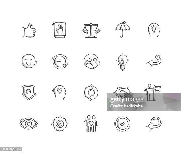 ilustraciones, imágenes clip art, dibujos animados e iconos de stock de valores de núcleo conjunto de iconos de línea de dibujo manual - mision