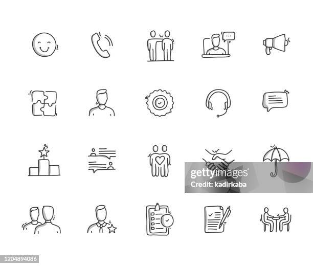 ilustrações, clipart, desenhos animados e ícones de conjunto de ícones da linha de desenho manual do relacionamento do cliente - presenter