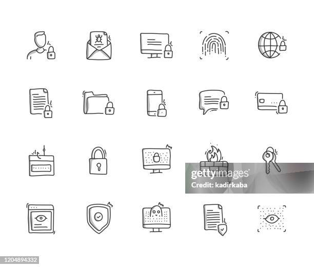 cyber security hand draw line icon set - antivirus software stock illustrations