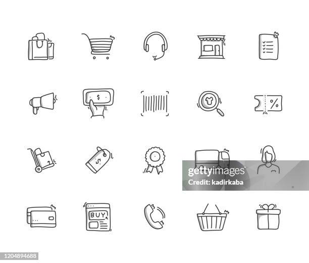 ilustrações, clipart, desenhos animados e ícones de conjunto de ícones da linha de desenho manual do e-commerce - drawing activity