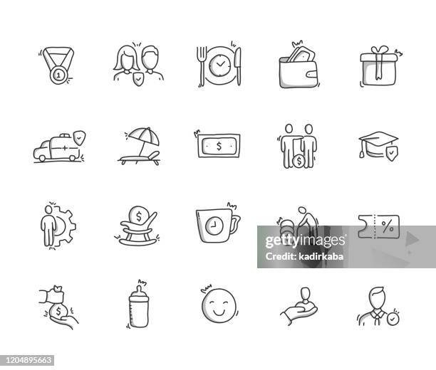 stockillustraties, clipart, cartoons en iconen met pictogram set met werknemersvoordelen handdrawlijn - employee welfare