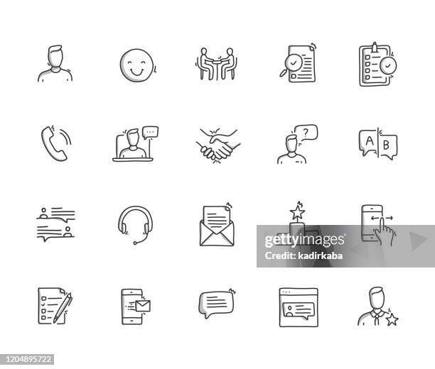 feedback hand draw line icon set - consumer electronics stock illustrations