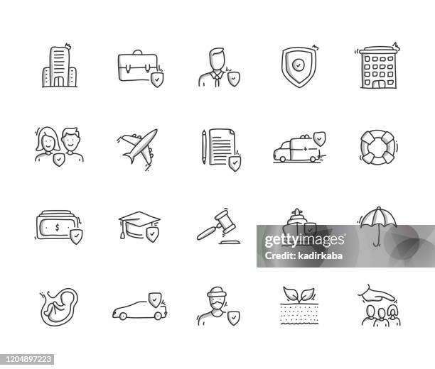 versicherung hand draw line set - finanzwirtschaft und industrie stock-grafiken, -clipart, -cartoons und -symbole