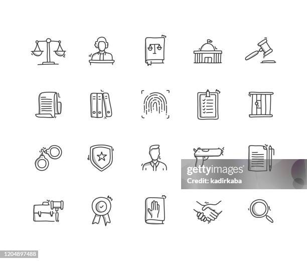law and justice hand draw line icon set - punishment stock illustrations