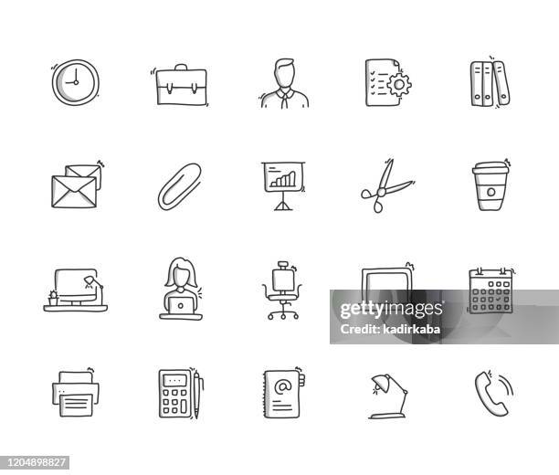 office hand draw line icon set - drawn icons stock illustrations