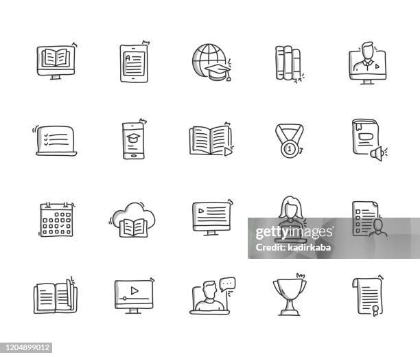 online-bildung hand draw line icon set - e book reader stock-grafiken, -clipart, -cartoons und -symbole