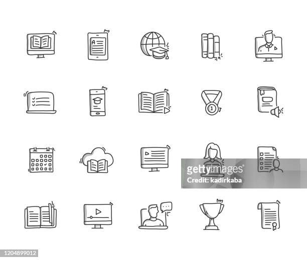 stockillustraties, clipart, cartoons en iconen met pictogram set online onderwijshanddrawlijn - e reader