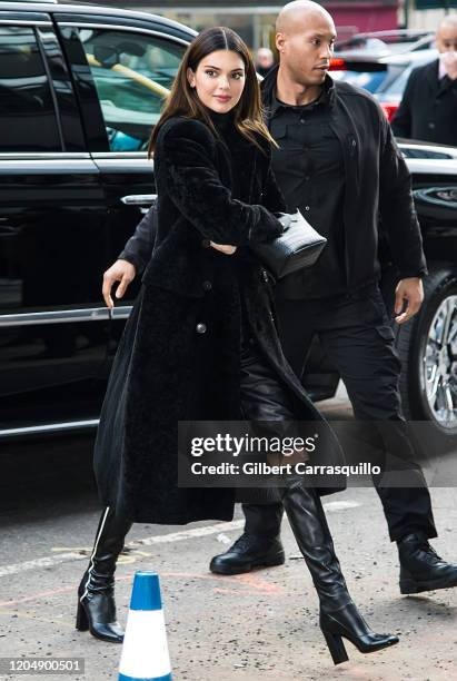 Model Kendall Jenner is seen arriving to the Longchamp Fall/Winter 2020 Runway Show at Hudson Commons on February 08, 2020 in New York City.