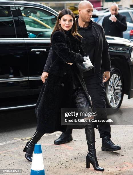 Model Kendall Jenner is seen arriving to the Longchamp Fall/Winter 2020 Runway Show at Hudson Commons on February 08, 2020 in New York City.