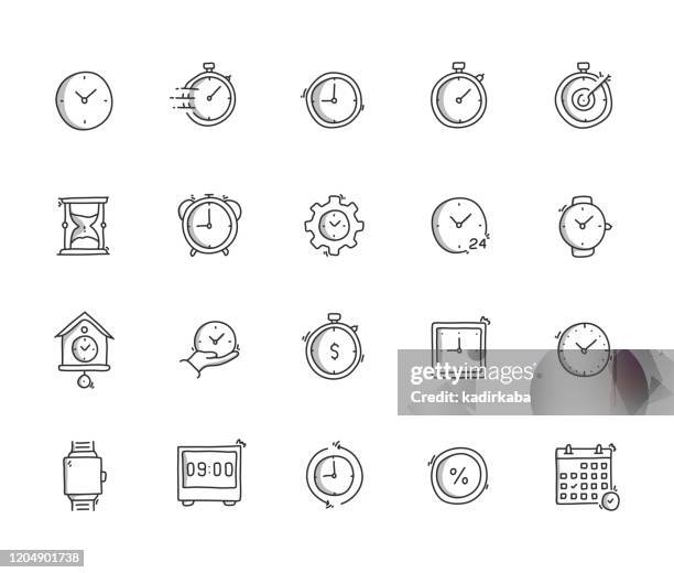 time hand draw line icon set - watch timepiece stock illustrations