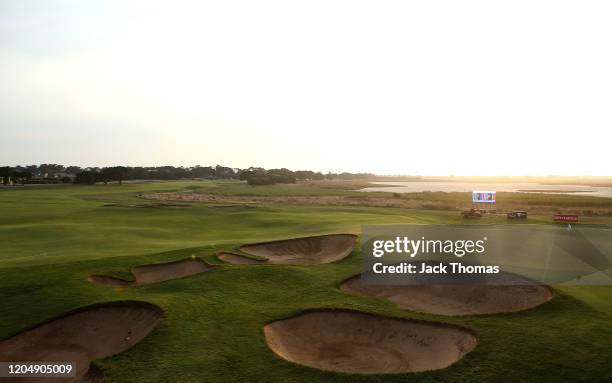 General view of the 18th Beach Course green as the sun rises on Day Four of the ISPS Handa Vic Open at 13th Beach Golf Club on February 09, 2020 in...