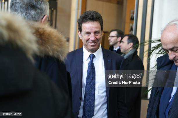 French employers' association Medef President Geoffroy Roux de Bezieux arrives to attend a meeting about the economic impact of the Coronavirus...