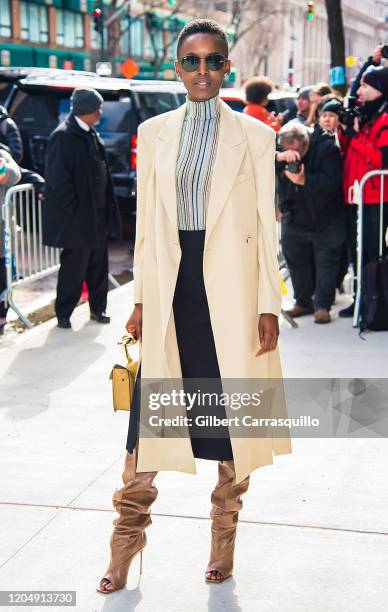 Model Flaviana Matata is seen arriving to the Longchamp Fall/Winter 2020 Runway Show at Hudson Commons on February 08, 2020 in New York City.