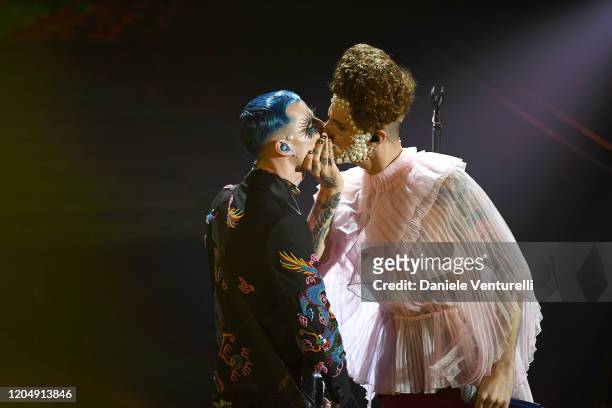 Achille Lauro and Boss Doms attend the 70° Festival di Sanremo at Teatro Ariston on February 08, 2020 in Sanremo, Italy.