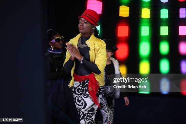 Model walks the runway wearing Yani Glam during NYFW Powered By hiTechMODA on February 08, 2020 in New York City.