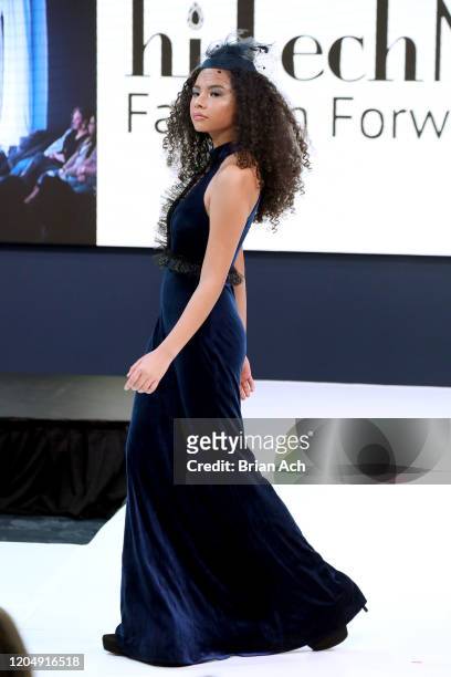 Model walks the runway wearing Fernandita Salazar Fashion Designer during NYFW Powered By hiTechMODA on February 08, 2020 in New York City.