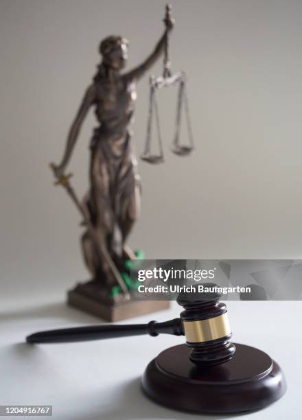 Symbol photo on the subjects auction hammer, court gavel, auction, case law, Justitia, etc. The picture shows a judge gavel and a bronze figure of...