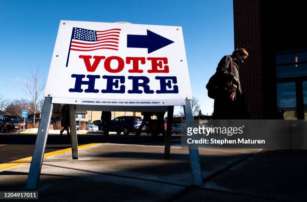 Voter arrives at a polling place on March 3, 2020 in Minneapolis, Minnesota. 1,357 Democratic delegates are at stake as voters cast their ballots in...