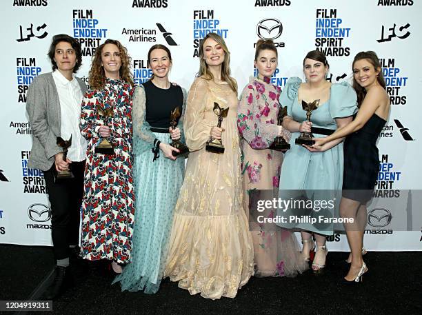 Chelsea Barnard, Jessica Elbaum, Katie Silberman, Olivia Wilde, Kaitlyn Dever, Beanie Feldstein and Billie Lourd pose in the press room with the Best...