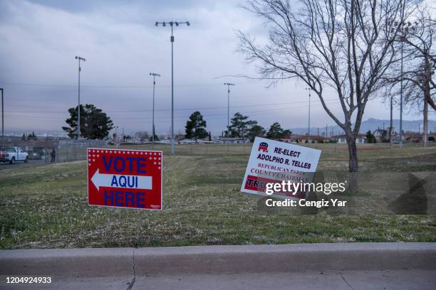 Election signs outside a polling site at Grandview Park Sr Citizens Center on March 3, 2020 in El Paso, Taxes. 1,357 Democratic delegates are at...