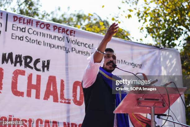 Chandrashekhar Azad , an Indian activist speaks during the protest against the recent episodes of sectarian violence, the Citizenship Amendment Act...