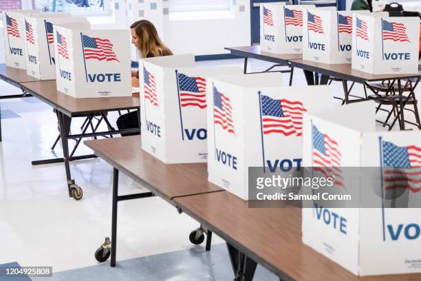 Woman fills in her ballot for the Democratic presidential primary elections at the Sleepy Hollow Elementary School polling location on Super Tuesday,...