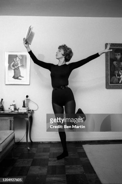 American actress, comedian, singer, and writer Carol Burnett clowning in her New York apartment, May 1963.