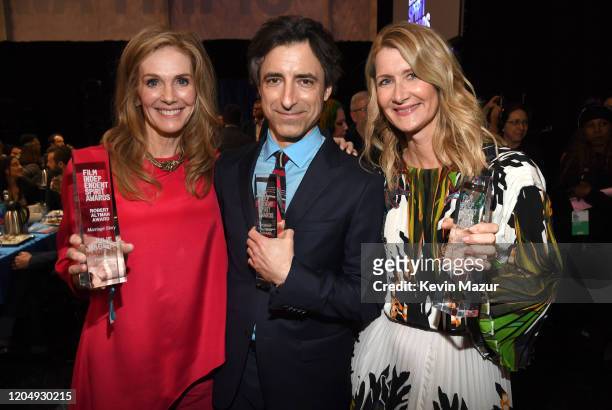 Julie Hagerty, Noah Baumbach and Laura Dern, recipients of the Robert Altman Award for "Marriage Story," attend the 2020 Film Independent Spirit...
