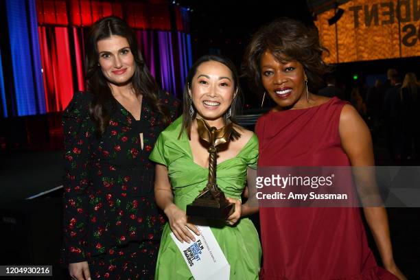 Idina Menzel, Lulu Wang, who accepted Best Supporting Female for 'The Farewell' on behalf of winner Zhao Shuzhen, and Alfre Woodard attend the 2020...