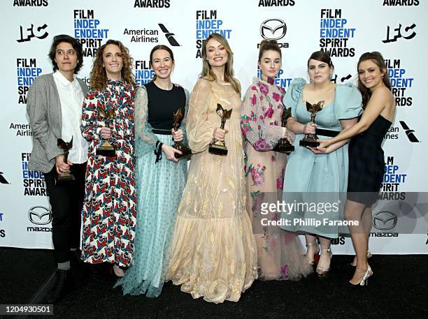 Chelsea Barnard, Jessica Elbaum, Katie Silberman, Olivia Wilde, Kaitlyn Dever, Beanie Feldstein and Billie Lourd pose in the press room with the Best...