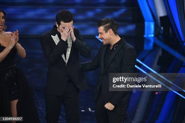 Diodato and Francesco Gabbani attend the 70° Festival di Sanremo at Teatro Ariston on February 08, 2020 in Sanremo, Italy.