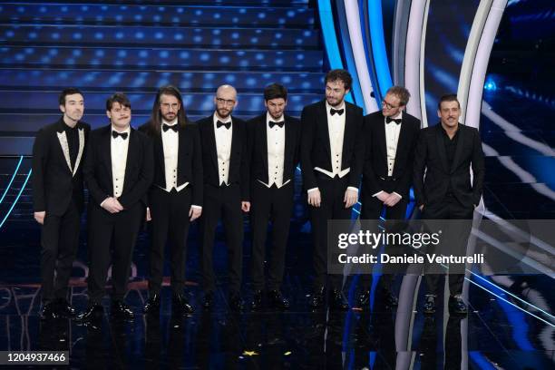 Diodato, Pinguini Tattici Nucleari and Francesco Gabbani attend the 70° Festival di Sanremo at Teatro Ariston on February 08, 2020 in Sanremo, Italy.