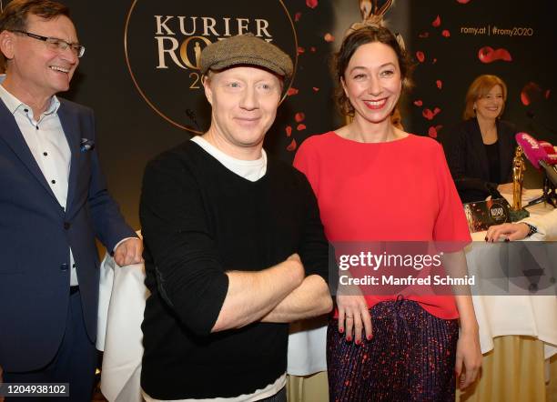 Simon Schwarz and Ursula Strauss pose during the 31. Kurier Romy 2020 Press Conference at Grand Hotel on March 3, 2020 in Vienna, Austria.