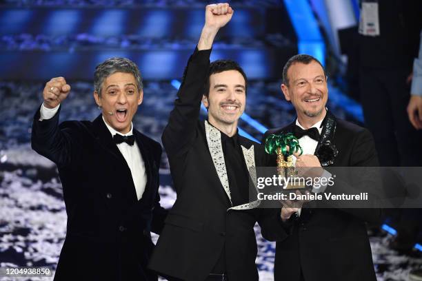 Rosario Fiorello, Diodato and Amadeus attend the 70° Festival di Sanremo at Teatro Ariston on February 08, 2020 in Sanremo, Italy.