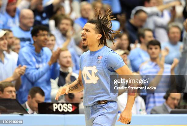 Cole Anthony of the North Carolina Tar Heels reacts after a play against the Duke Blue Devils during their game at Dean Smith Center on February 08,...