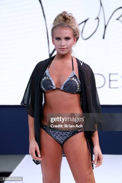 Model walks the runway wearing LOKI Designz during NYFW Powered By hiTechMODA on February 08, 2020 in New York City.