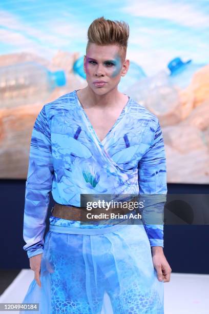 Model walks the runway wearing dkDesign Fashion during NYFW Powered By hiTechMODA on February 08, 2020 in New York City.