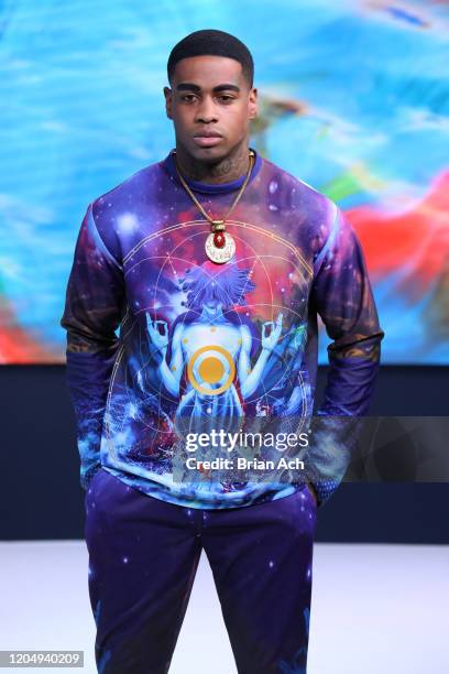 Model walks the runway wearing dkDesign Fashion during NYFW Powered By hiTechMODA on February 08, 2020 in New York City.