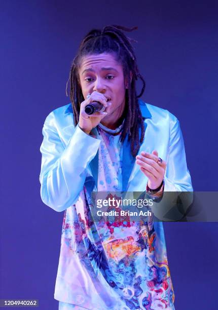 Ju-lyon Grant performs onstage wearing dkDesign Fashion during NYFW Powered By hiTechMODA on February 08, 2020 in New York City.