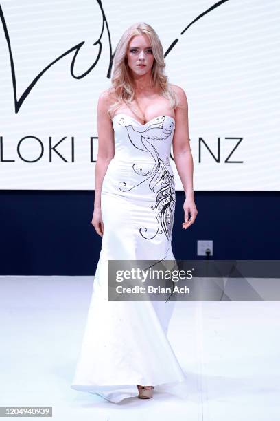 Model walks the runway wearing LOKI Designz during NYFW Powered By hiTechMODA on February 08, 2020 in New York City.