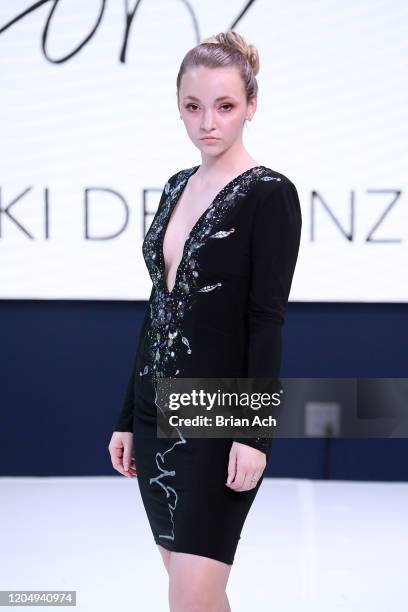 Model walks the runway wearing LOKI Designz during NYFW Powered By hiTechMODA on February 08, 2020 in New York City.