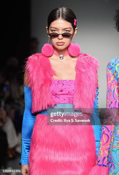 Model wearing Emma Altman walks the runway during the Flying Solo Ready-To-Wear February 2020 runway show at Pier 59 Studios on February 8, 2020 in...