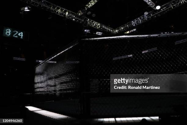 The octagon turns black and white after a 9 second moment of silence for Kobe Bryant during UFC 247 at Toyota Center on February 08, 2020 in Houston,...