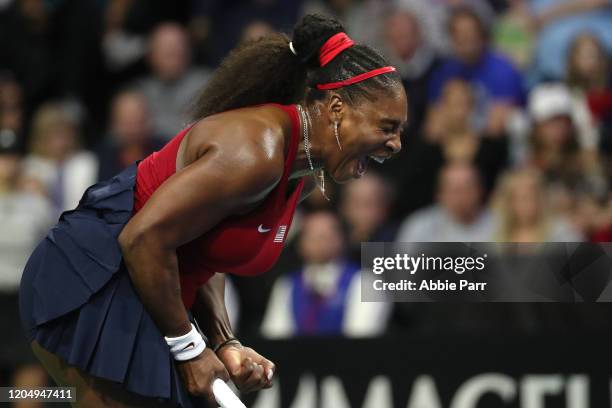 Serena Williams of the United States reacts while competing against Anastasija Sevastova of Latvia during the 2020 Fed Cup qualifier between USA and...
