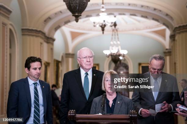 Sen. Patty Murray speaks to the press, alongside Senators Brian Schatz , Patrick Leahy , and Senate Minority Leader Sen. Chuck Schumer , following...