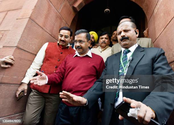 Delhi Chief Minister Arvind Kejriwal leaves after a meeting with Prime Minister Narendra Modi, at Parliament House on March 3, 2020 in New Delhi,...